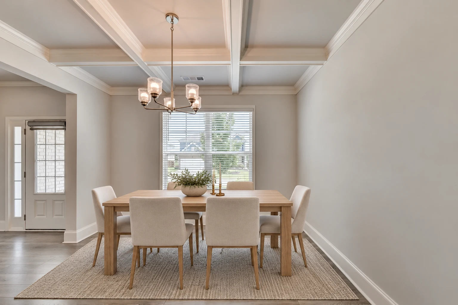 Dining room with coffered ceiling and chandelier — virtually staged
