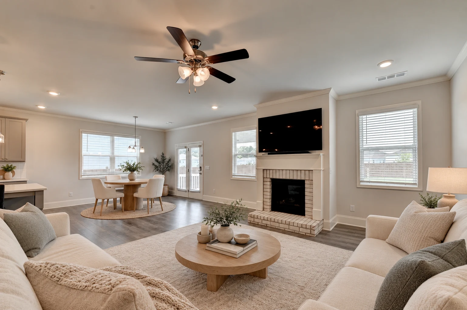 Family room with fireplace and windows — virtually staged